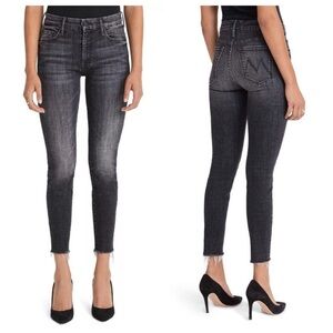 Mother The Looker Ankle Fray Stargazing Black Wash Raw-Hem Skinny Jeans